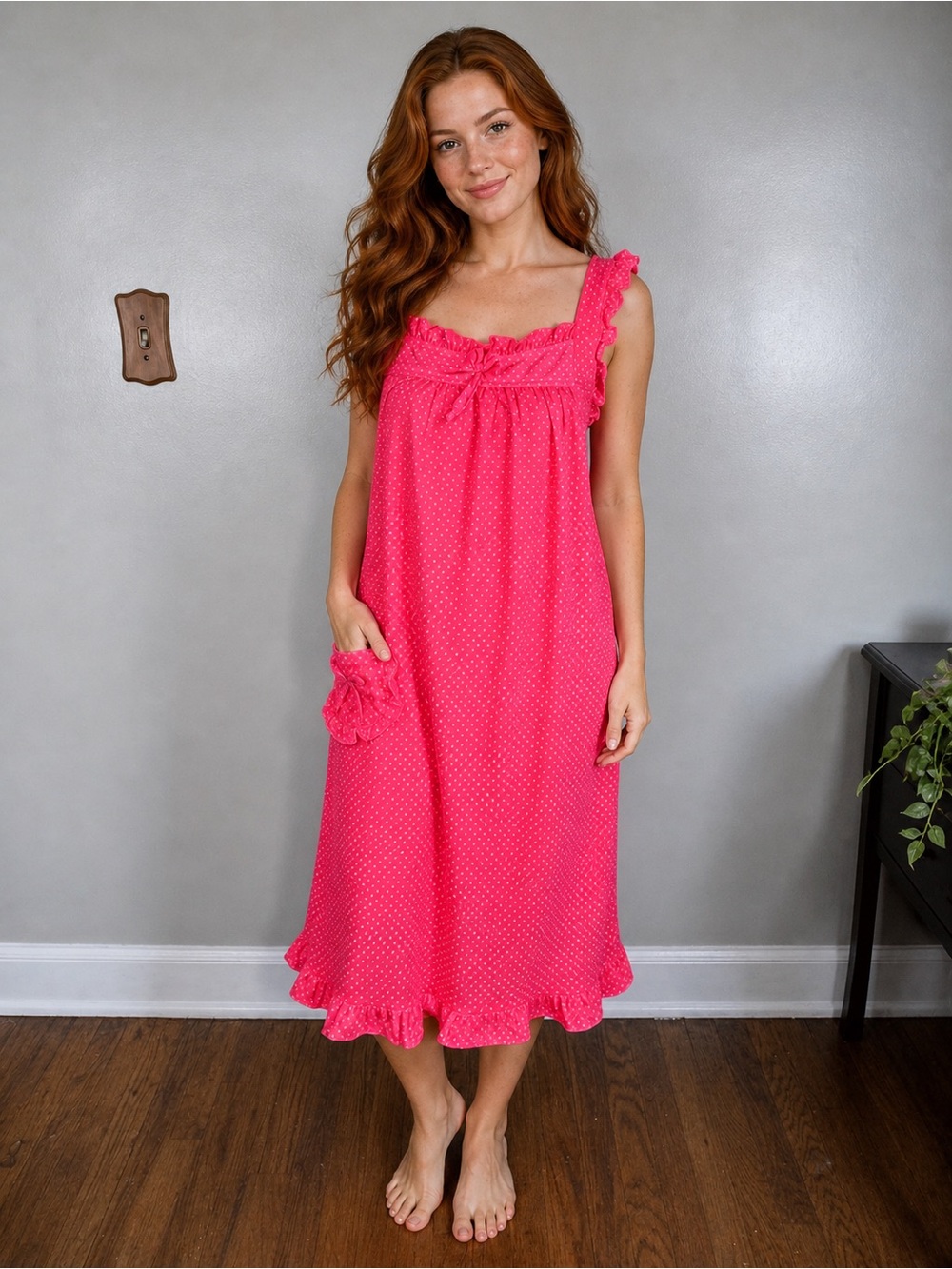 Dreamcrest Hot Pink Swiss Polka Dot Sleeveless Nightgown Sz L Front Pocket Midi